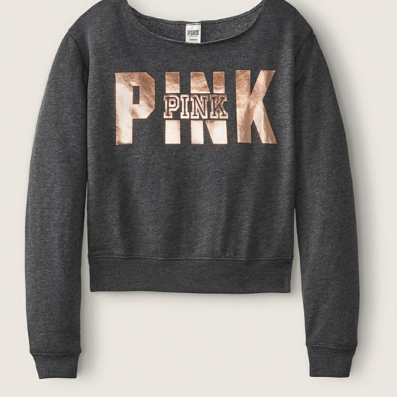 PINK Victoria's Secret Rose Gold Logo Metallic Cropped Sweatshirt Size: XS NWT - Picture 7 of 10